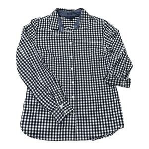 Tommy Hilfiger S Sm Button Up Shirt Navy White Checked Roll Tab Sleeve Gingham